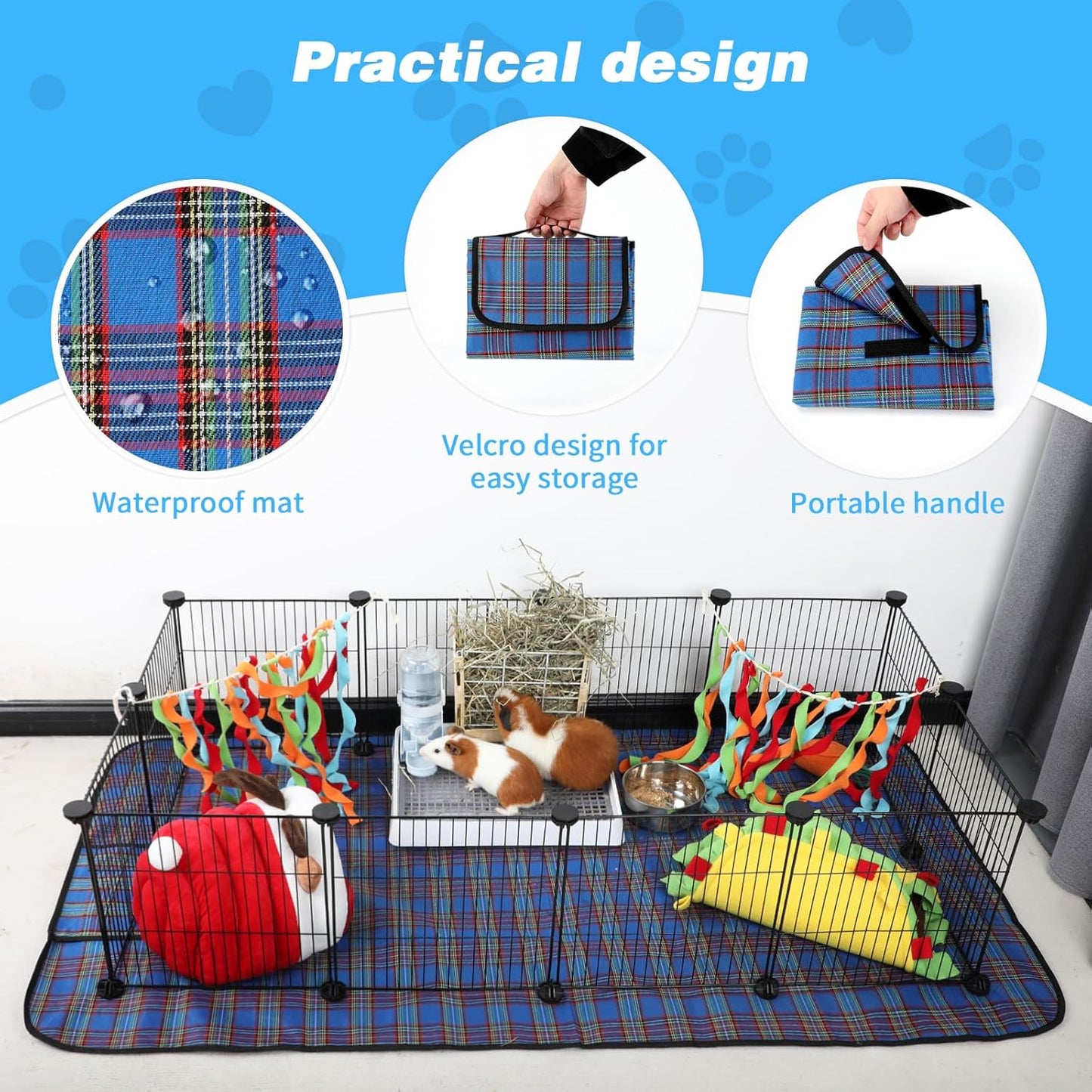 Pet Playpen with Mat, Small Animal Cage with Mat, Guinea Pig Cages, Puppy Pen for Indoors with Colorful Mat, 12 Panels Interior Metal Wire Yard Fence