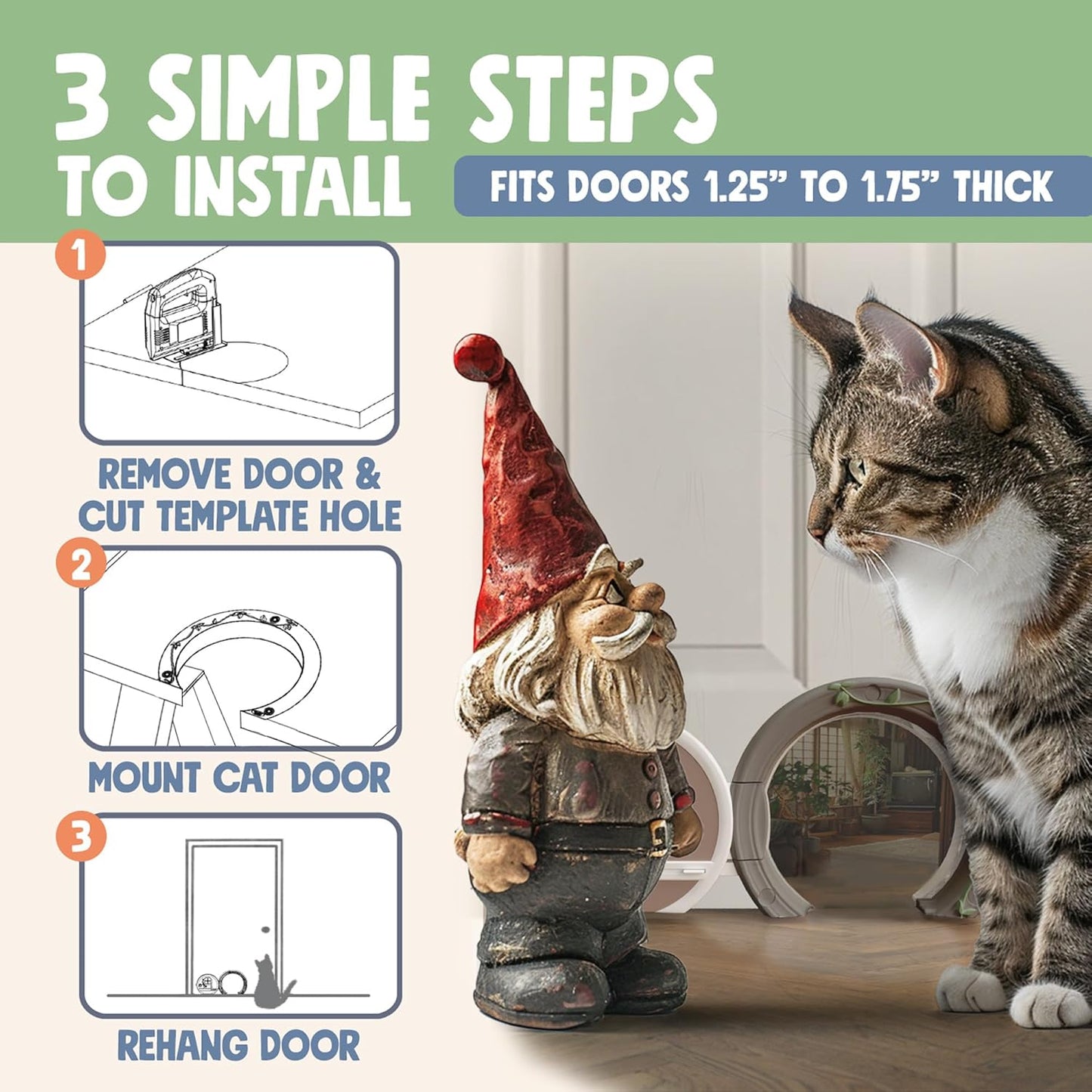 Gnome® Door Cat Door for Interior Doors - Stylish & Functional with No Flap, Lockable, and Easy Installation, Spacious Large Kitty Door for Cats Up to 20 lbs, Private and Comfortable Pet Door