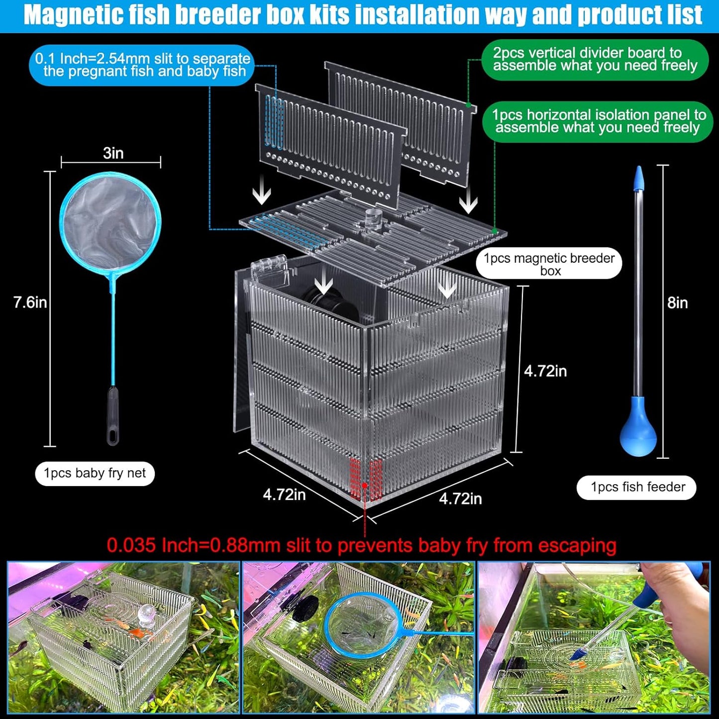Magnetic Fish Breeder Box for Isolation Boxes Acclimation Hatchery breeding Incubator for Guppy Baby Betta Shrimp Saltwater Clownfish Coral Anemones Aggressive or Injured Fishes