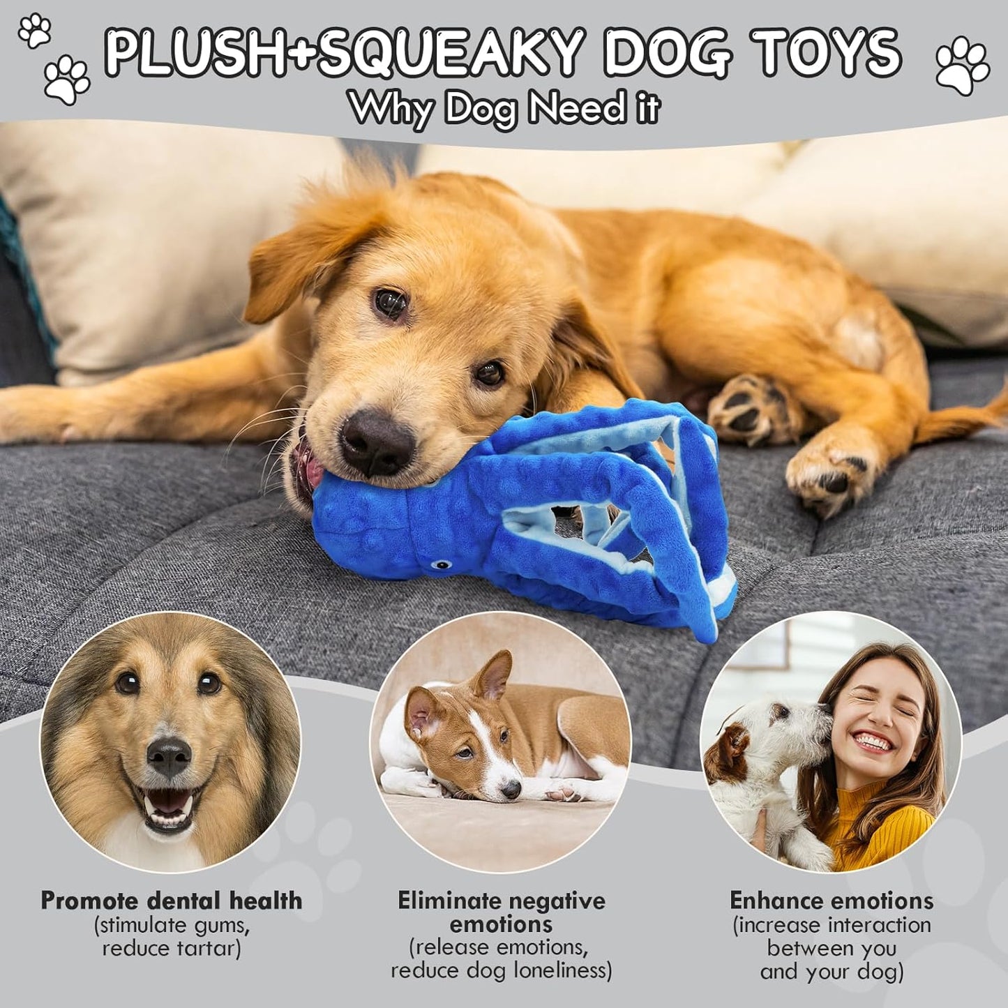 Octopus Squesky Dog Toys for Large Medium Small Dogs, Stuffed and Tough Plush Dog Toys for Aggressive Chewers(Blue)