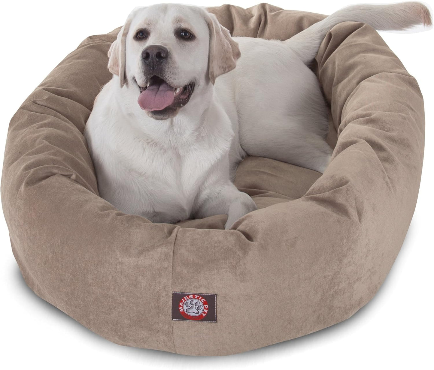 Majestic Pet 40 Inch Micro Velvet Calming Dog Bed Washable – Cozy Soft Round Dog Bed with Spine for Head Support - Fluffy Donut Dog Bed 40x29x9 (inch) – Round Pet Bed Large – Pearl