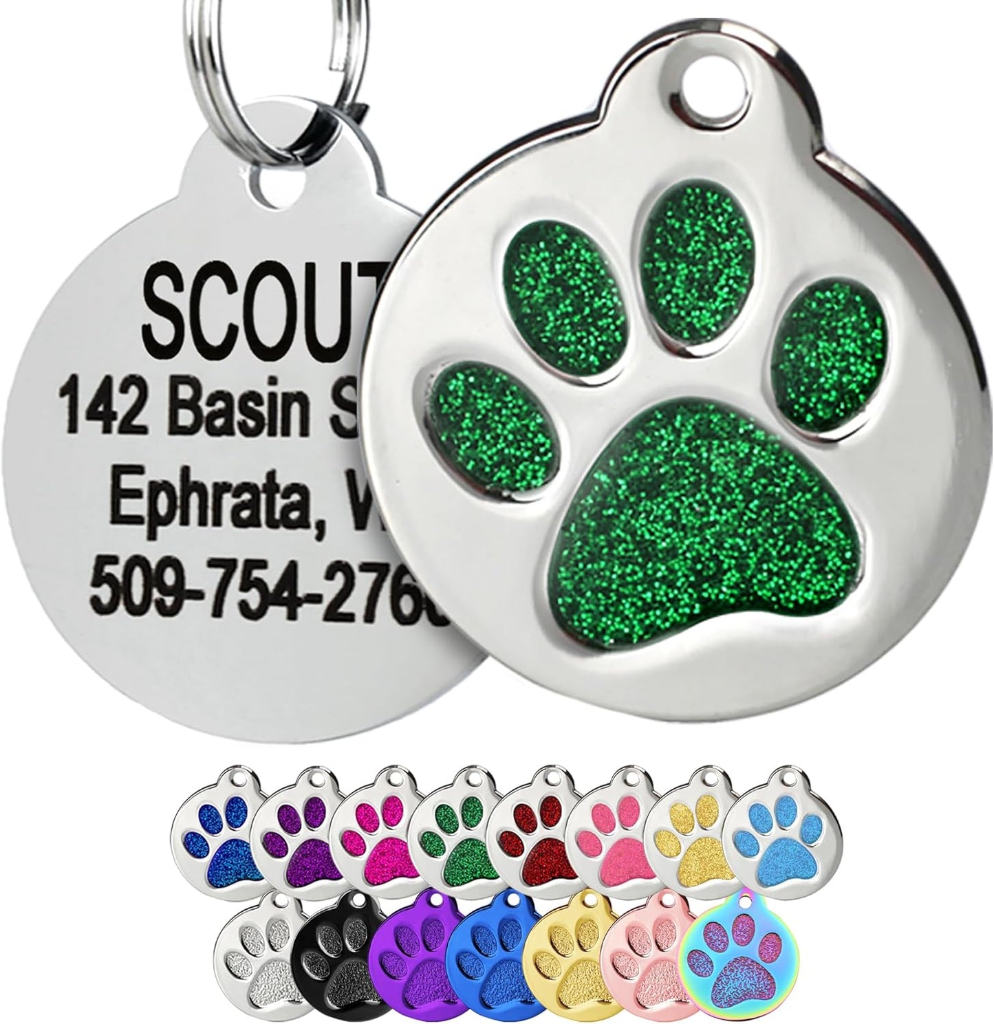 GoTags Paw Print Round Stainless Steel Pet Tag for Dogs and Cats, Personalized with 4 Lines of Custom Engraved ID Name and Number, in Stainless Steel and 15 Colors Small and Large, Glitter Green