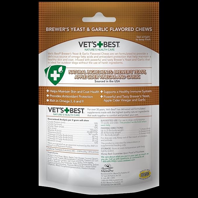 Vet's Best Brewer’s Yeast & Garlic Chews, Omega 3 for Dogs Healthy Skin & Coat Protection for Dogs, Dog Formulated with Veterinary Recommended Dosage, Garlic Supplements, 60 ct
