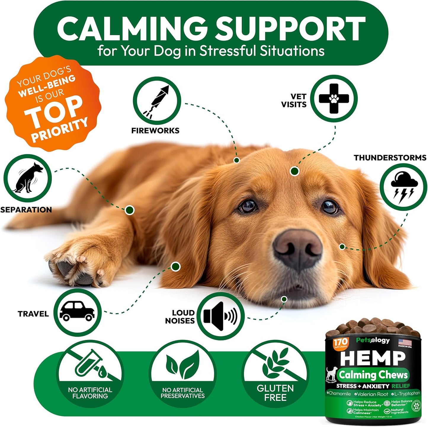 Hemp Calming Chews for Dogs - 170 Dog Calming Chews - Anxiety Relief Treats - Advanced Stress Relief Supplement, Separation Aid, Barking, Fireworks, Melatonin - Hip & Joint Support - Made in USA