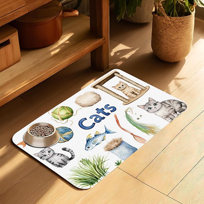 Cat Fun Dog Food Mat-Absorbent Pet Feeding Mat for Food and Water Bowl, Quick Dry Dog Placemat with Rubber Backing-No Stains Pet Supplies for Messy Drinkers 12"x20"