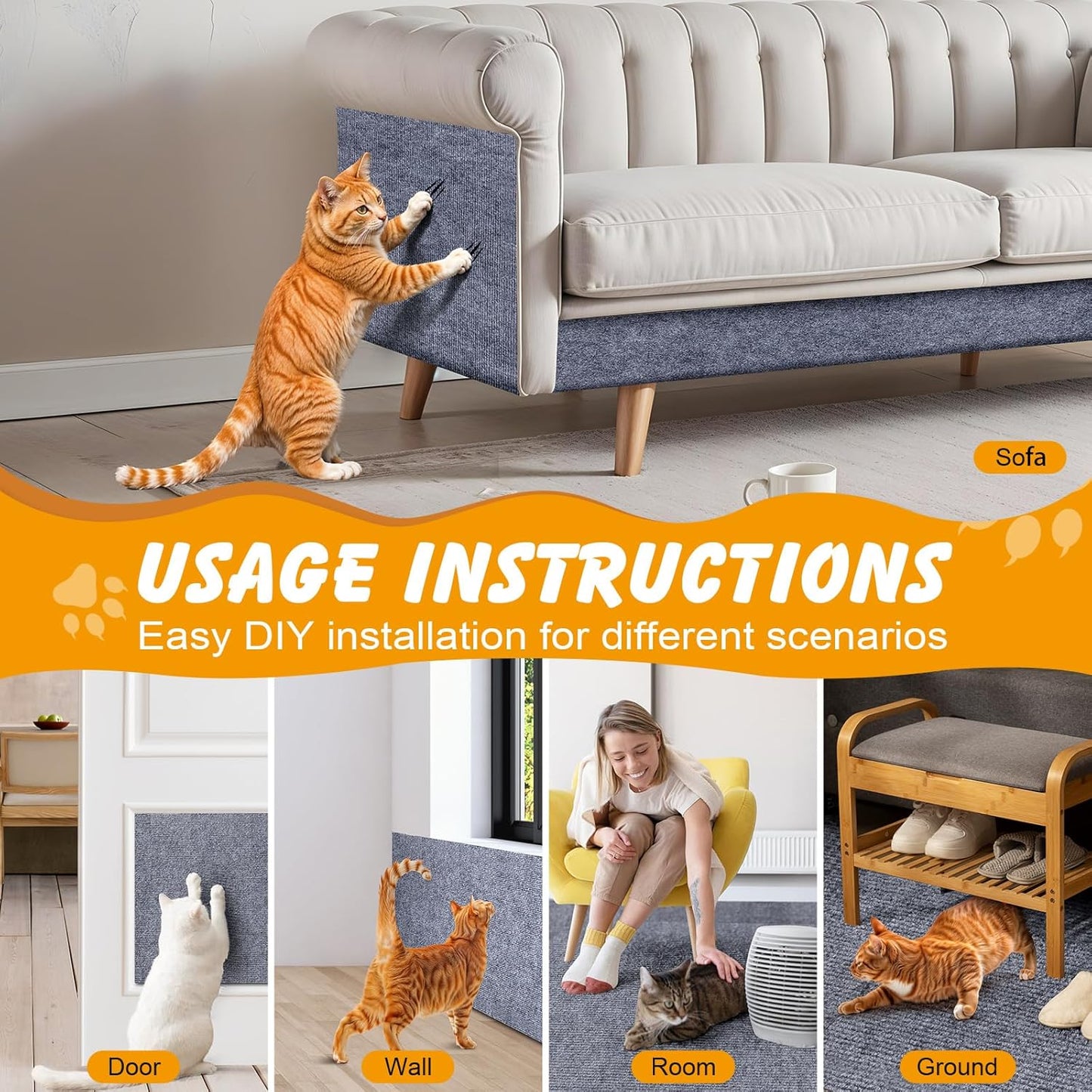 78.7x15.8 in Cat Scratch Furniture Protector, Self-Adhesive Couch Protectors from Cat Caws for Couch, Wall Trimmable (Light Gray)