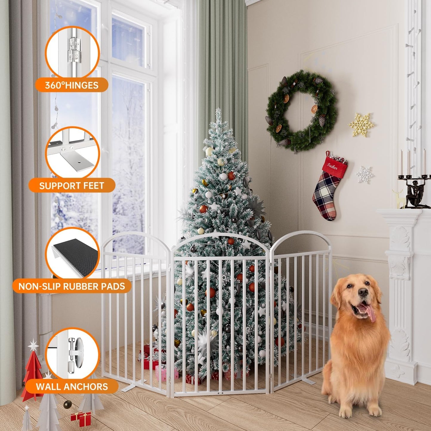 3 Panles Full Matel Freestanding Dog Gates with Door, 72"Extra Wide 36"Tall Free Standing Dog Pet Gate for Indoor & Outdoor. Foldable Pet Fences for Doorways, House, Stairs, Porch, Deck, Yard