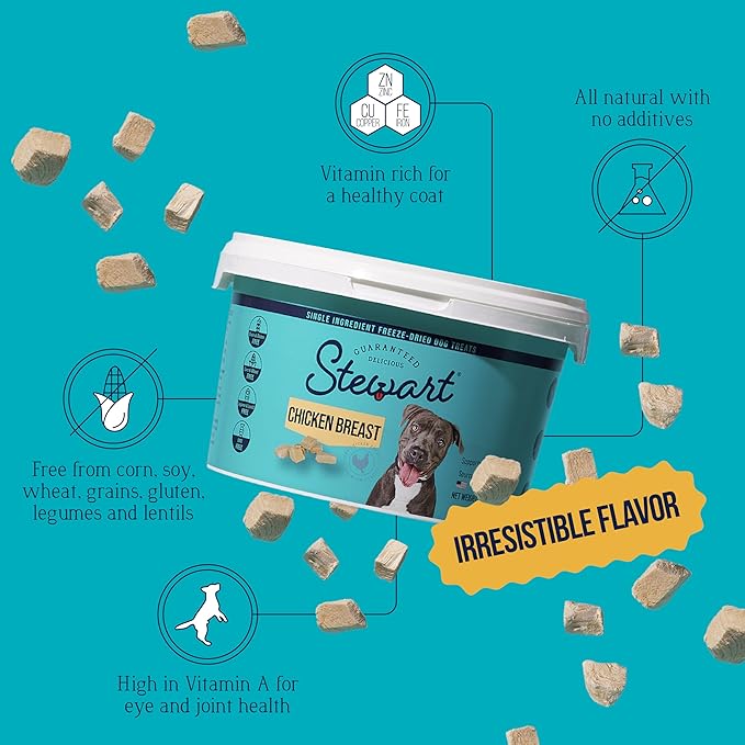 Stewart Single Ingredient Freeze Dried Raw Dog Treats, Chicken Breast, 3 Ounce, Approx. 55 Pieces per Resealable Tub, Training Treats or Meal Topper, High Protein, Grain Free, Gluten Free