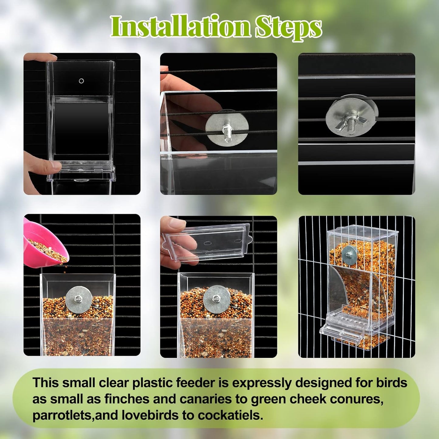 Rypet 2 Pack No Mess Automatic Bird Feeder Transparent Food Container Cage Acrylic Parrot Feeder Accessories for Small Birds Parrot Cockatoo Canary