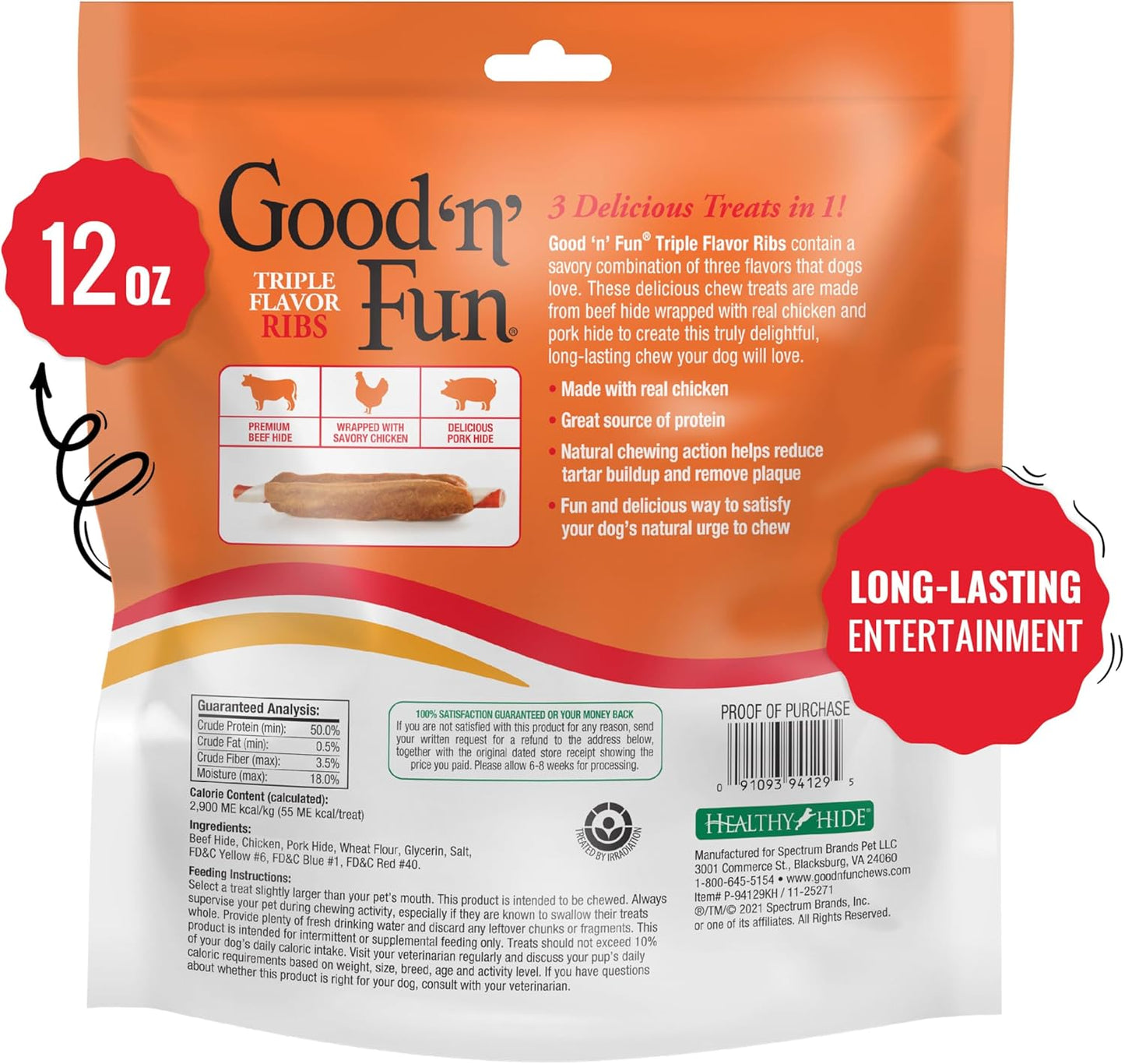 Good ‘n’ Fun Triple Flavor Ribs Chews for All Dogs, 12 Ounces, Treat Your Dog to Long-Lasting Chews Made with Beef Hide, Chicken and Pork Hide