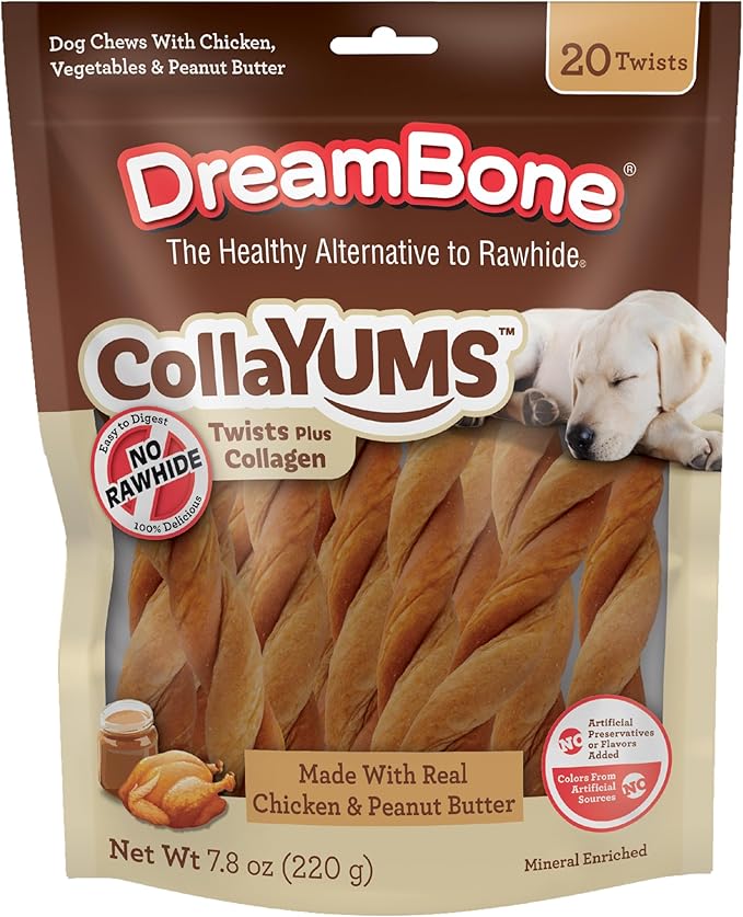 DreamBone CollaYUMS Twists Plus Collagen Chews for Dogs, 20 Count, Treat Your Dog to Rawhide-Free Chews Made with Chicken, Vegetables and Peanut Butter