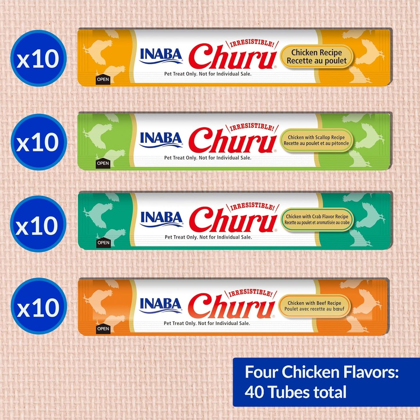 INABA Churu Cat Treats, Grain-Free, Lickable, Squeezable Creamy Purée Cat Treat/Topper with Vitamin E & Taurine, 0.5 Ounces Each Tube, 40 Tubes, Chicken Variety Box
