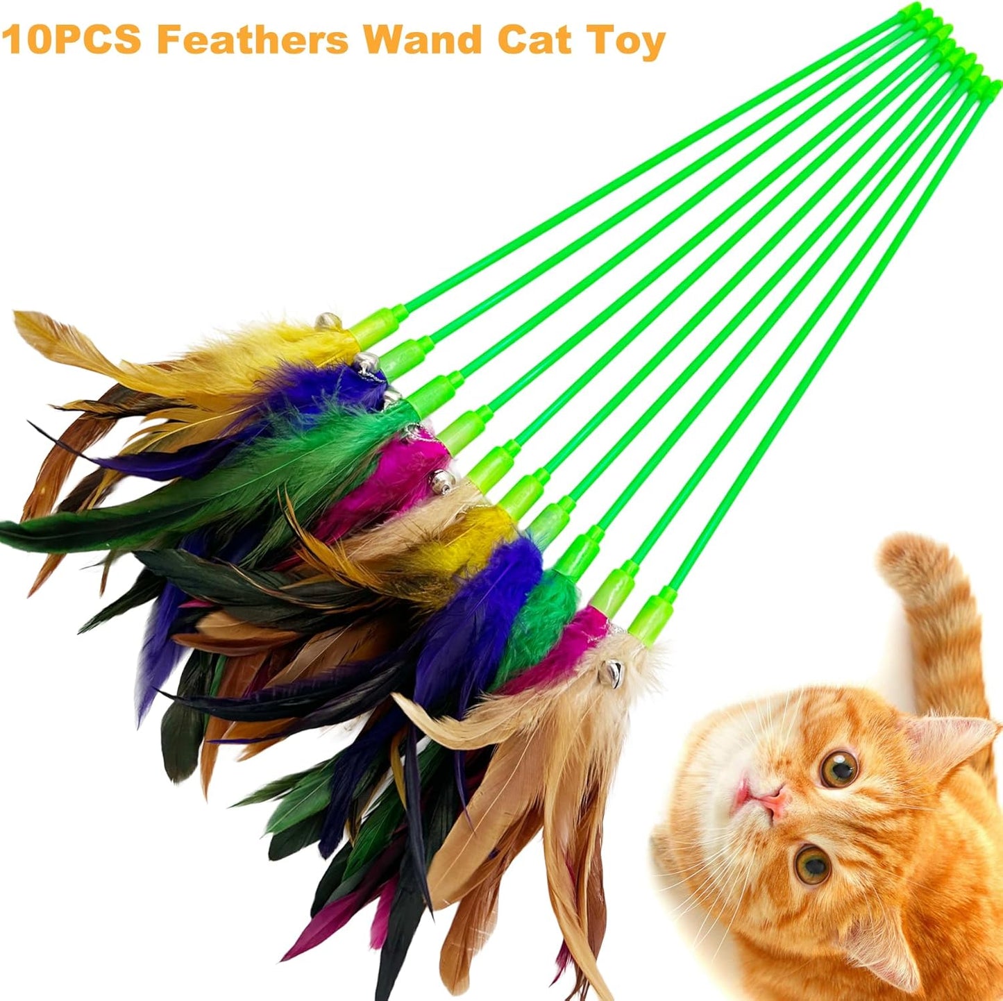 Interactive Cat Wand Feather Toys, 10 Pieces Feathers Stick Cat Toys for Indoor Cats Play