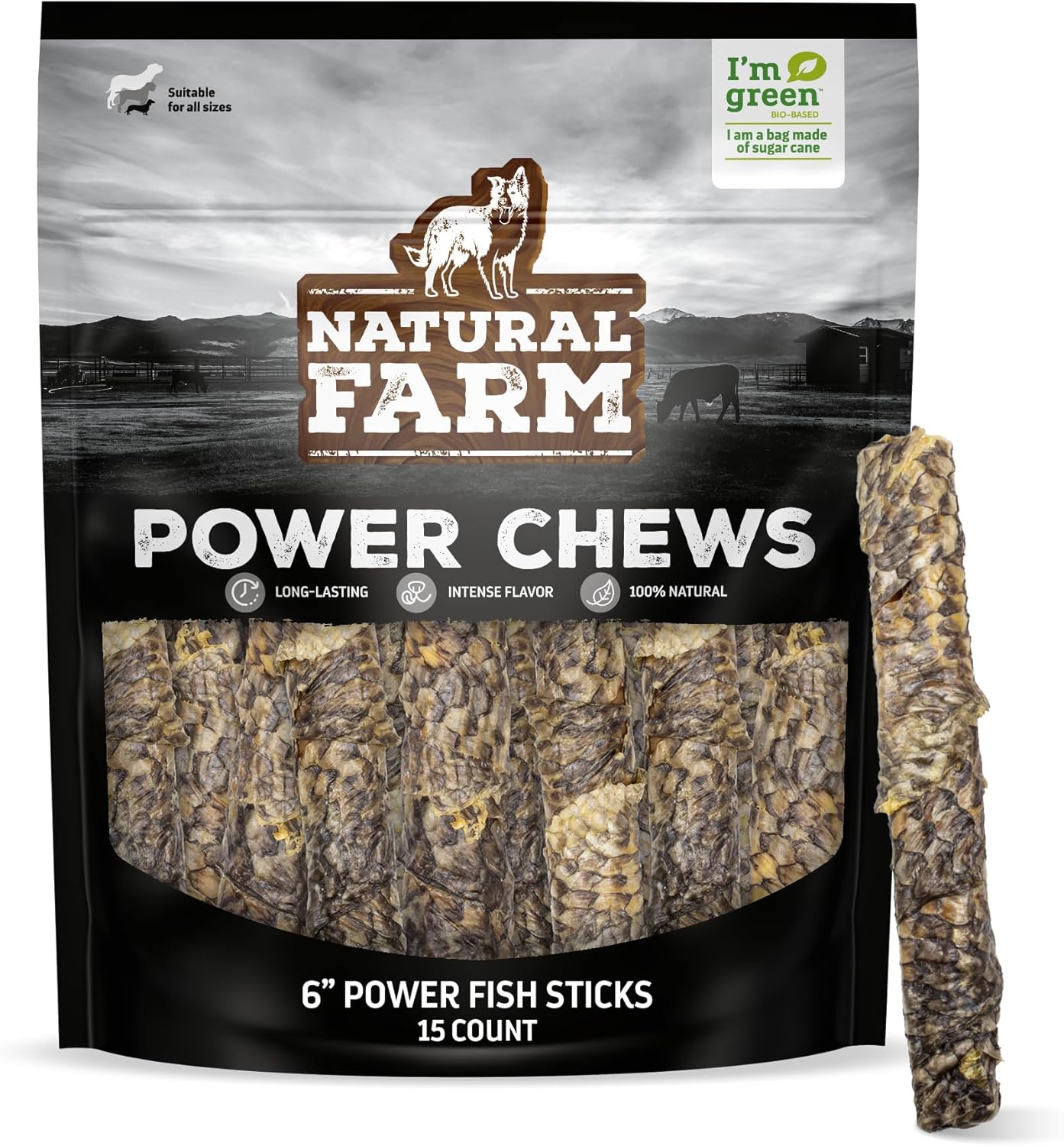 Natural Farm Power Fish Sticks Dog Chews (6”, 15-Pack), 2-in-1 Power Chews: Premium Beef Cheek Wrapped in Crunchy Tilapia Skin, Rich in Omega 3s, Long Lasting Protein Chew with Health Benefits
