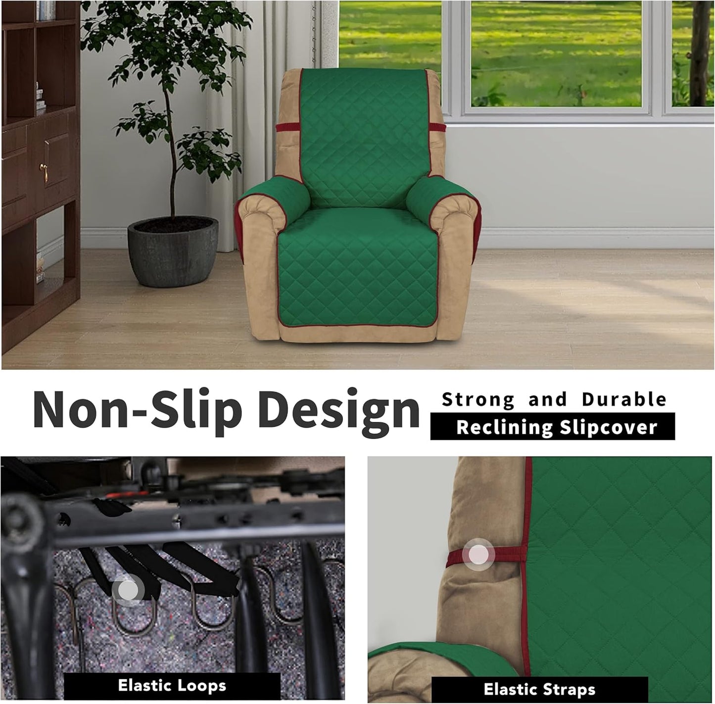 Easy-Going Recliner Chair Slipcover Reversible Sofa Cover Water Resistant Couch Cover Furniture Protector with Elastic Straps for Pets Dog (Recliner 22 inch, Green/Christmas Red)