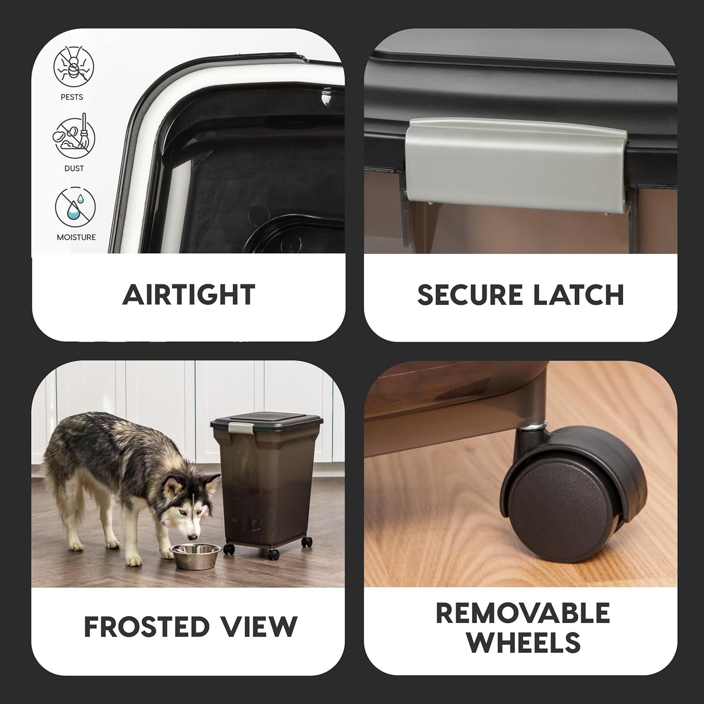 IRIS USA Airtight Dog Food Storage Container, WeatherPro, Up to 40 lbs, Removable Wheels, for Dog Cat Bird and Other Pet Food Storage Bin, Keep Fresh, Translucent Body, Made in USA, Smoke/Black