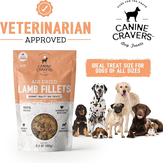 Canine Cravers Single Ingredient Dog Treats – Premium Lamb Fillets - Human Grade Air Dried Hypoallergenic Pet Food – Grain, Gluten, and Soy Free – 100% All Natural – 5.3 oz