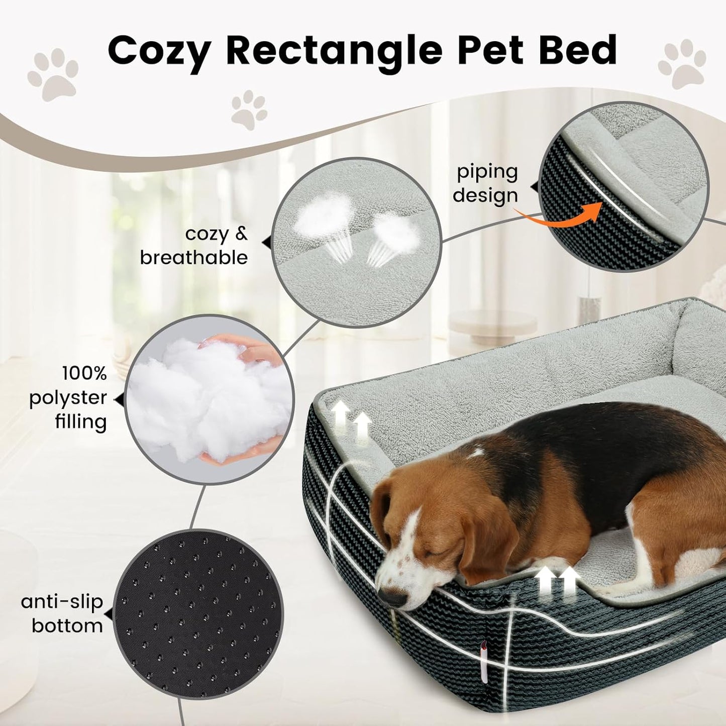 Miguel Dog & Cat Bed with Removable Cushion/Pillow - Washable, Anti-Slip, Dark Gray, 30 Inch Rectangle for Medium/Small Dogs & Cats