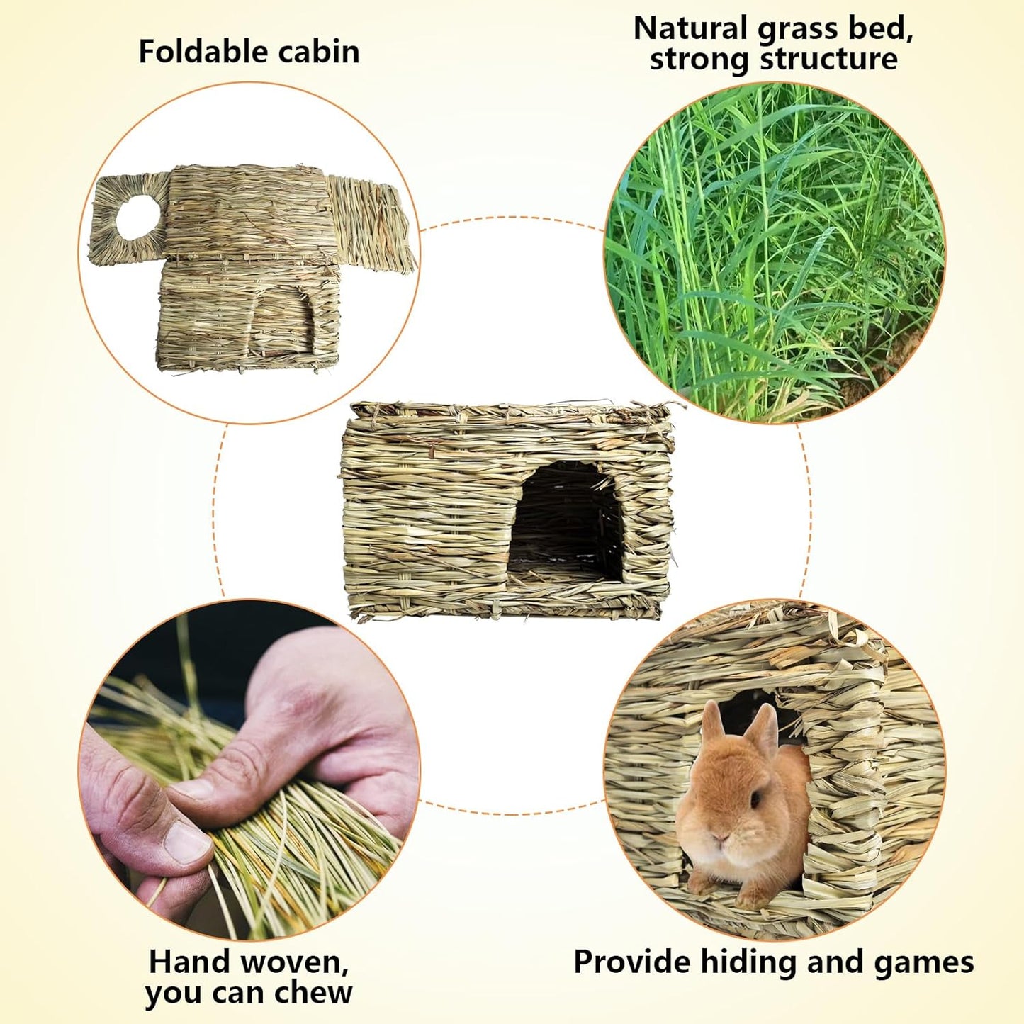 Hamiledyi 3PCS Grass House for Rabbit, Edible Bunny Hut Natural Grass Woven Foldable Pet Play Hideaway Hay Mat Chew Toys for Guinea Pig Hamster Chinchilla, Safe Cozy Sleep 11.8x7.87x7.87 inches