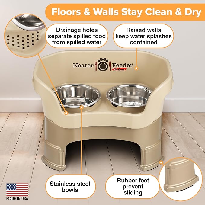 Neater Feeder Deluxe Mess Proof Dog Bowls Elevated Medium Sized Dogs (19-40 lbs) Made in USA, No Spill Raised Dog Food Bowl Stand w/Leg Extension, Stainless Steel Food and Water Bowl Set, Cappuccino