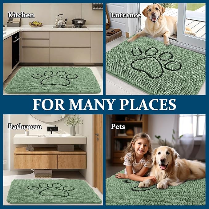 OLANLY Door Mat for Muddy Dog Paws 36x24, Absorbent Chenille Doormat with Paw Print Design, Non-Slip Washable Doormat for Indoor Entryway, Quick-Dry Pet Bed Mats for Dirty Dogs, Olive Green and Black