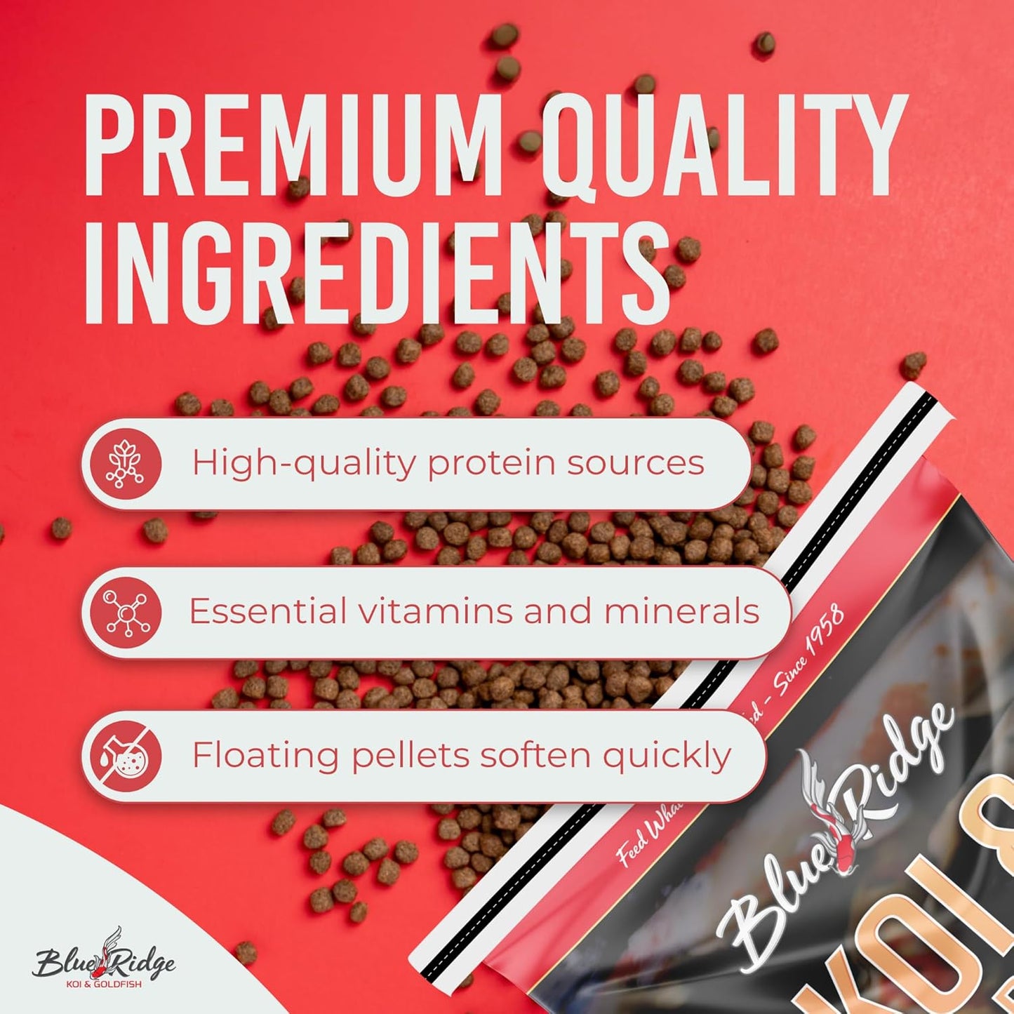 Blue Ridge Koi Fish Food 25lb - Cool Water Wheat 3/16", Fall and Winter Floating Pond Pellets, Ponds Fish Food