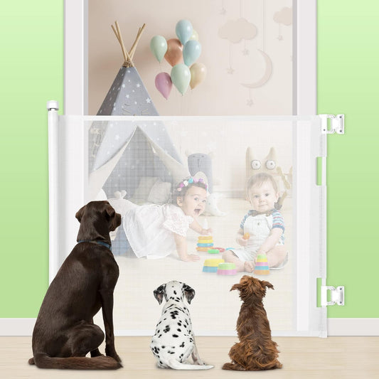 Retractable Baby Gate, Extra Wide Safety Kids or Pets Gate, 33” Tall, Extends to 55” Wide, Mesh Safety Dog Gate for Stairs, Indoor, Outdoor, Doorways, Hallways