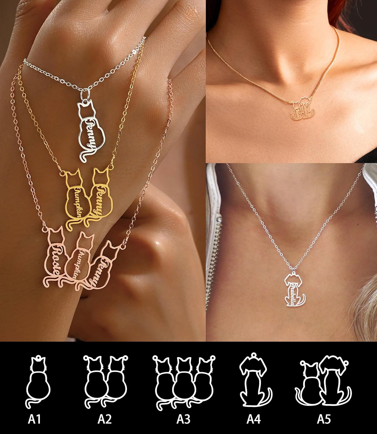 CoolJewelry Custom Dog Breeds Portrait Cat Pet Memorial Name Necklace Dainty Animal Pendant Chain Personalized Jewelry Remembrance Gifts for Dog Lover Women Girls