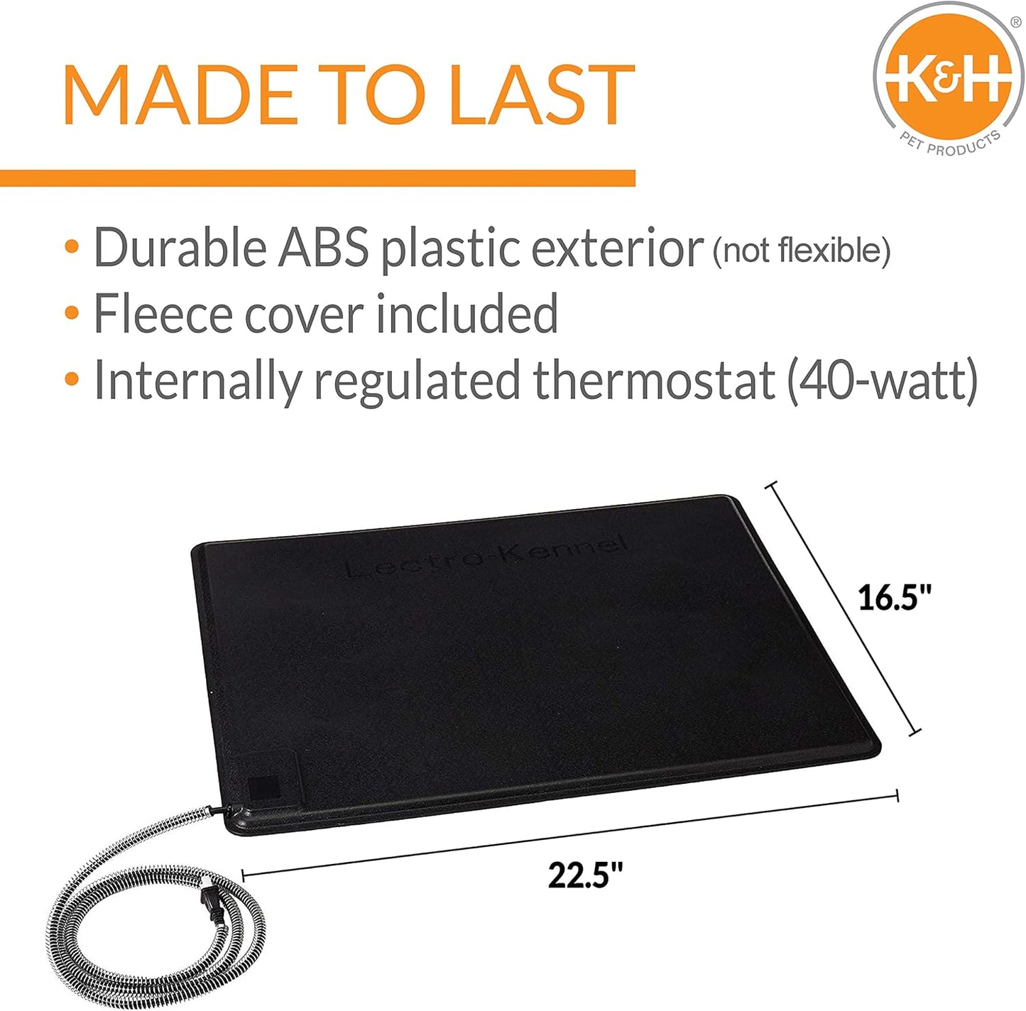 K&H Pet Products Lectro-Kennel Heated Outdoor Dog Pad, Durable Rigid ABS Plastic Waterproof Heated Pad for Dog & Cat Houses Outdoor, Washable Cover, Safety Listed - Medium 22.5 X 16.5in Black 60W