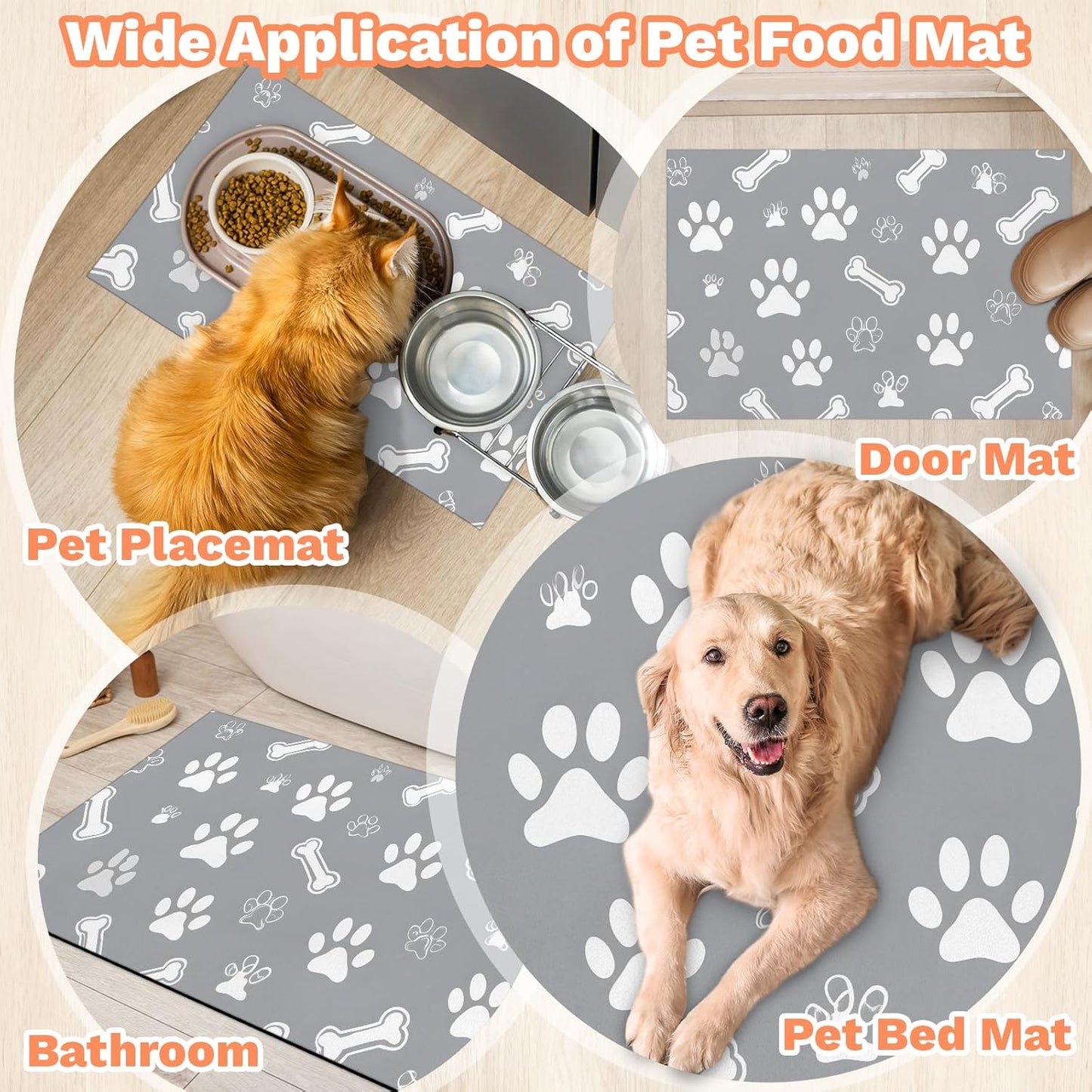 Grey Dog Cat Food Mat,12"x20" Inches Rapid Absorbent Pet Feeding Mat,Pets Placemat Water Bowl Mats with Rubber Backing,No Stains Cat Dog Feeding Mats Indoor,Pet Accessories Supplies