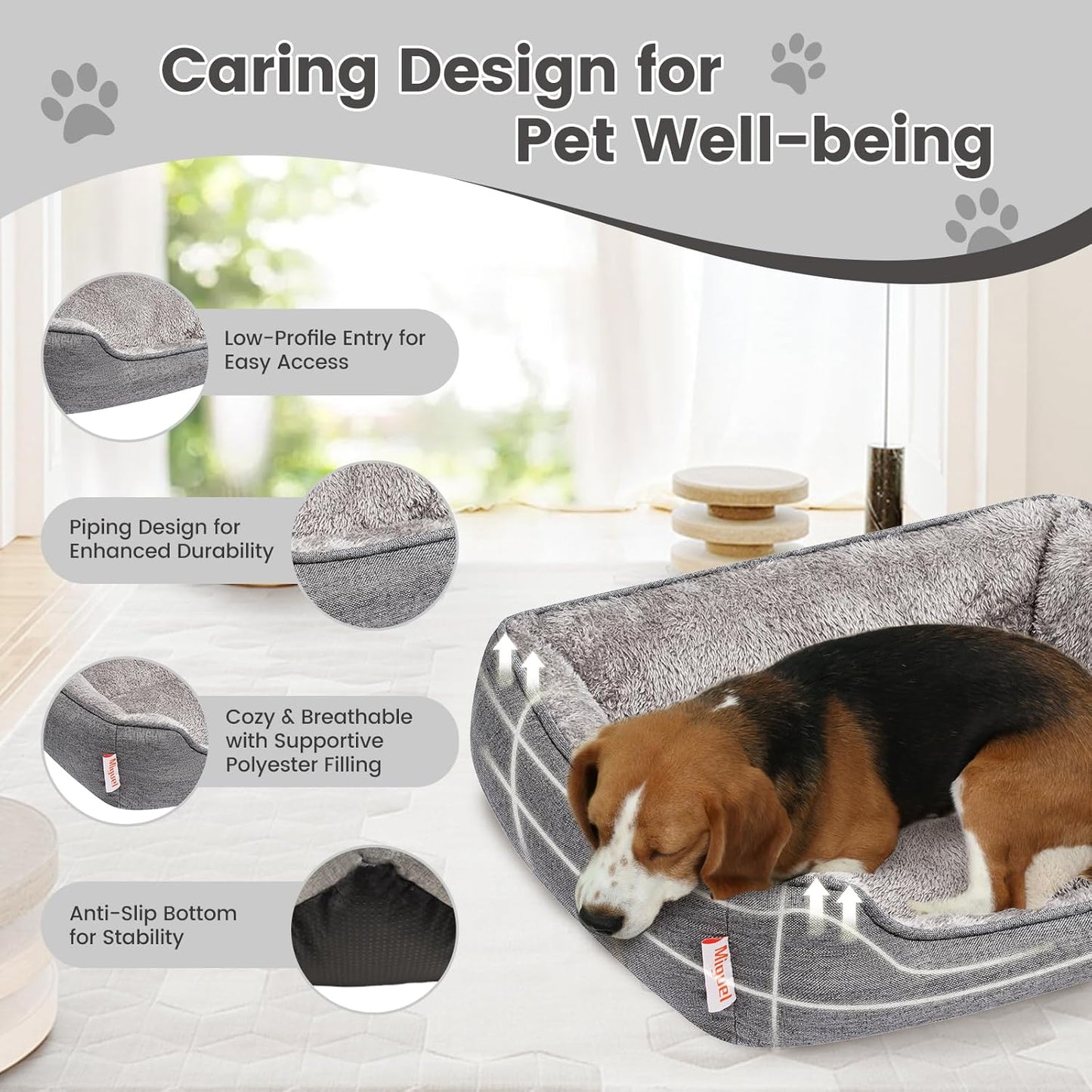 Miguel Faux Linen Dog Bed with Removable Cushion Pillow for Medium Small Dogs, Washable Pet Bed with Side Easy to Wash Puppy Bed, Rectangle Cat Bed for Indoor Cat with Anti-Slip Bottom, Gray 20 Inch