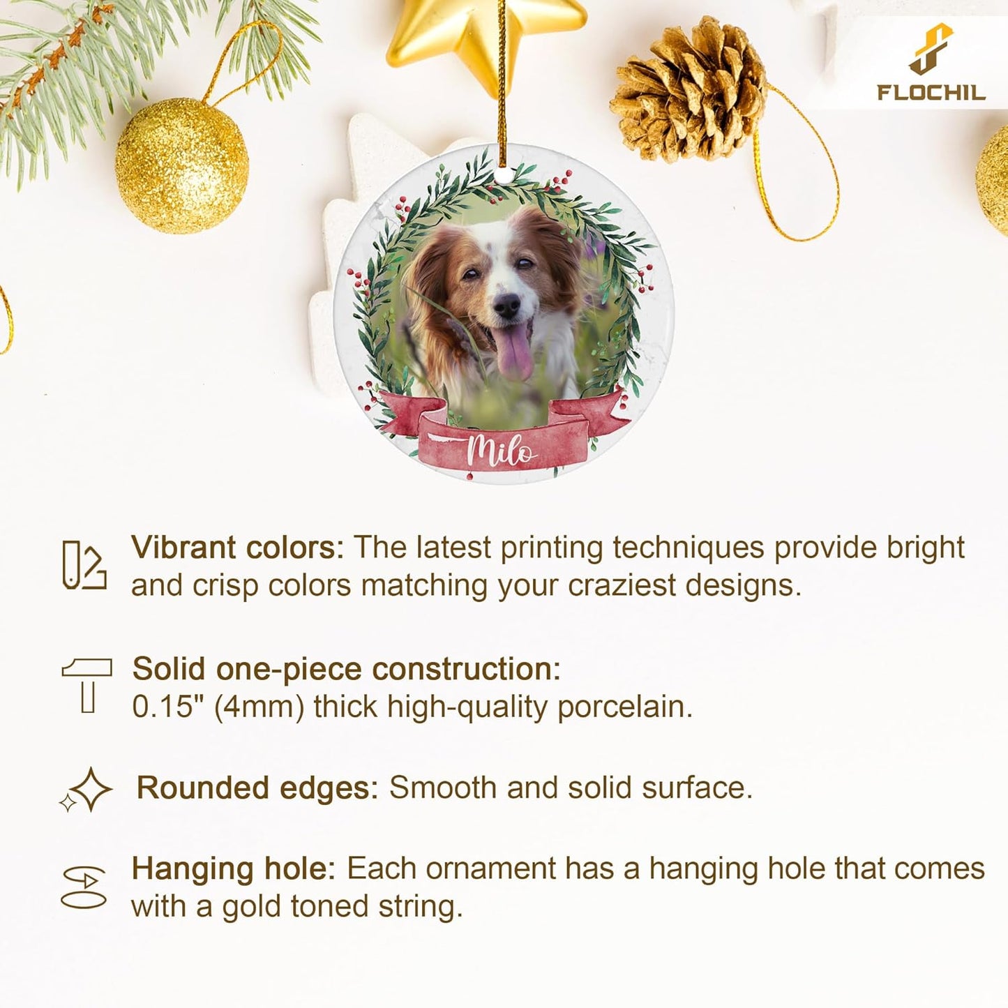 FLOCHIL Personalized Dog Christmas Ornaments, Custom Photo Name for Christmas Trees, Dog First Christmas Ornaments, Best Gifts for Pet Lovers