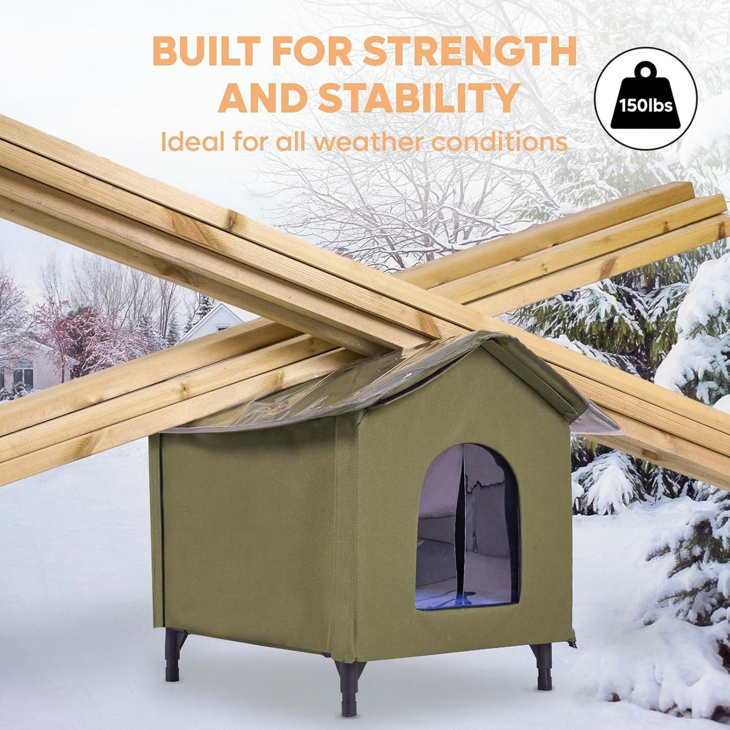 Large Heated Cat House for Outside, Insulated Weatherproof Outdoor Feral Cat House with Timer & Adjustable Temperature Heater Pad, Elevated Pet House with Escape Door for Winter, Barn, Porch