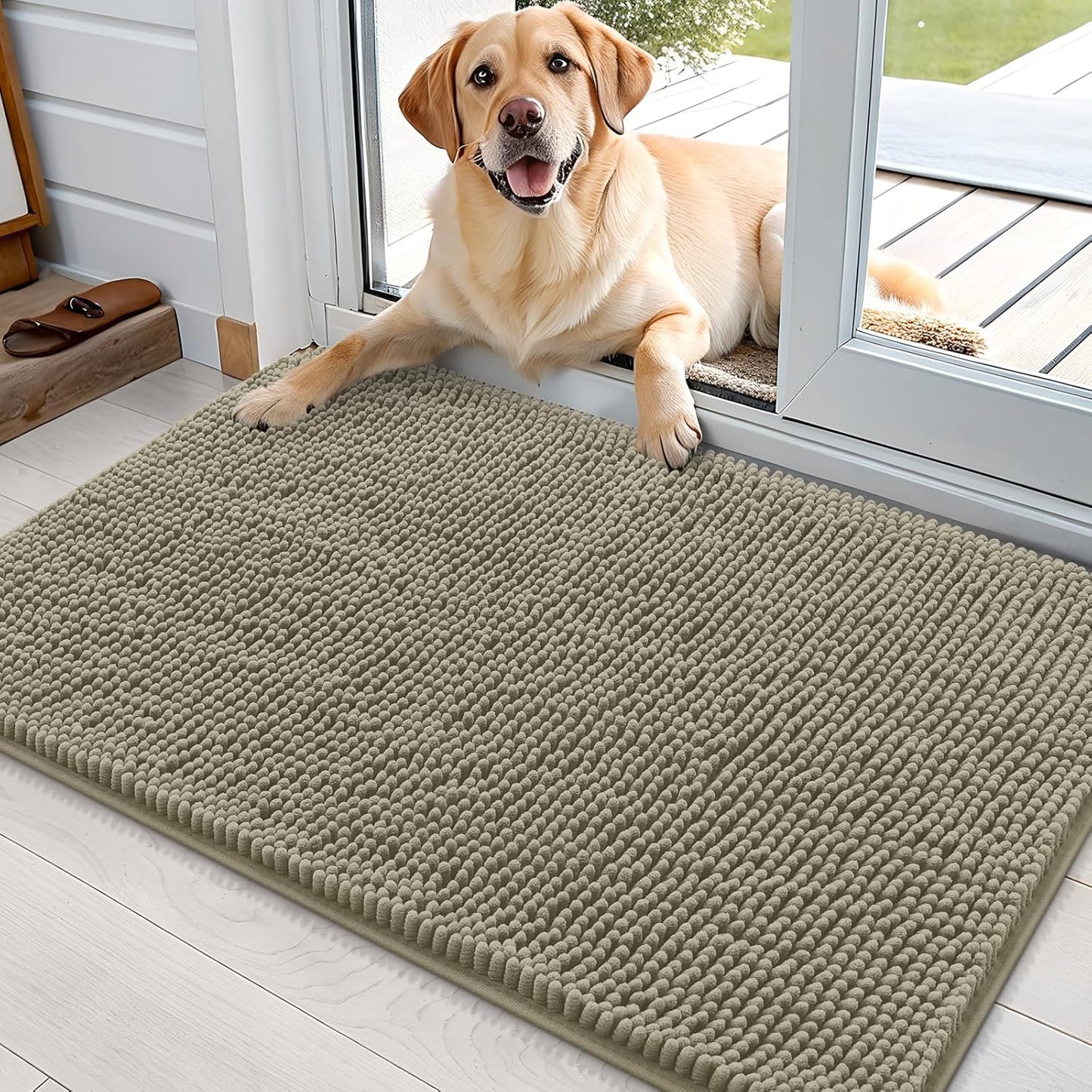 OLANLY Dog Door Mat for Muddy Paws 36x24, Absorbs Moisture and Dirt, Absorbent Non-Slip Washable Doormat, Quick Dry Chenille Mud Mat, Entry Indoor Entryway Carpet for Inside Floor, Warm Taupe