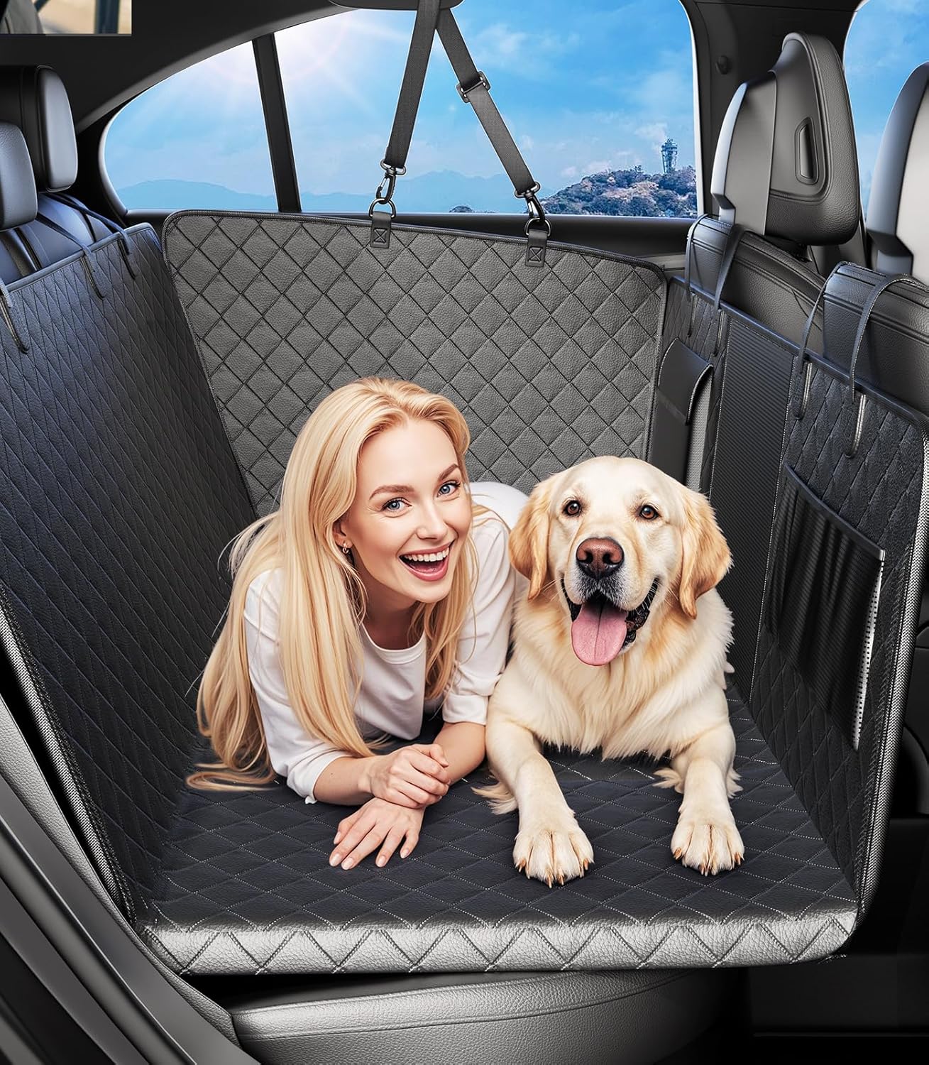Dog Car Seat Cover for Back Seat, Waterproof Hard Bottom Back Seat Extender for Dogs, Dog Hammock for Car with Support Bar Holds 420 lbs, 2025 Upgraded Material, Anti Scratch, Easy to Use and Clean