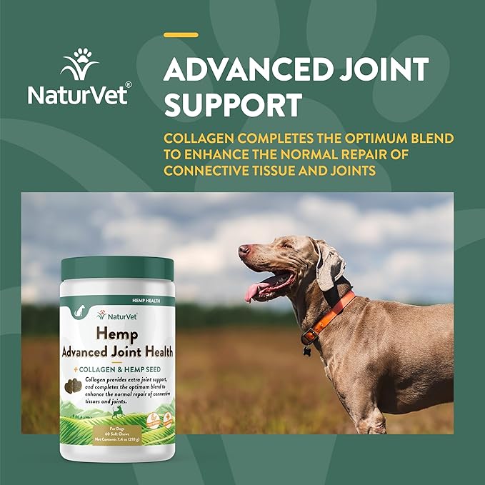 NaturVet Hemp Advanced Joint Health Dog Supplement Plus Hemp Seed – Helps Support Joint Health in Dogs – Includes, Collagen, Glucosamine, MSM, Chondroitin, Omegas – 60 Ct.