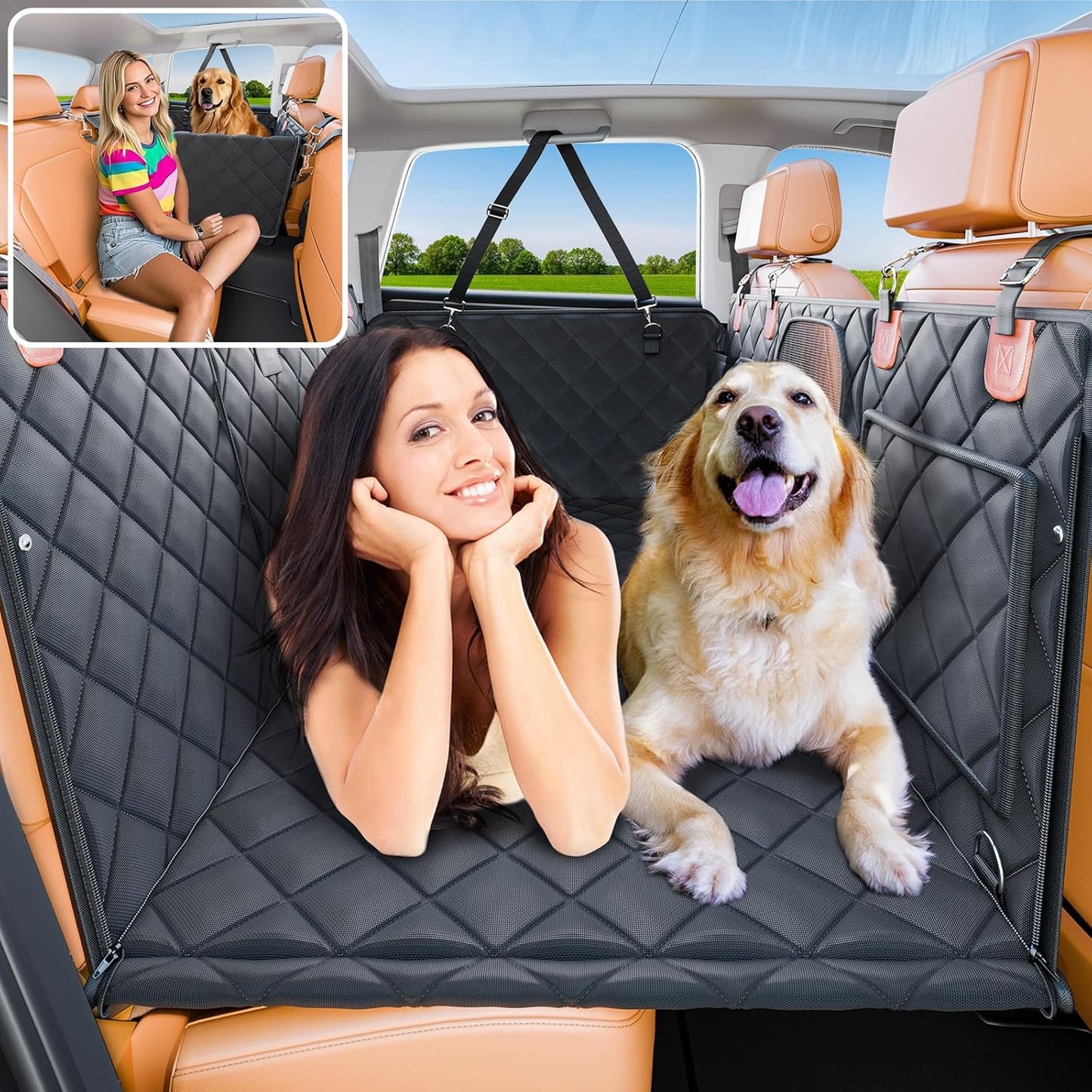 Convertible Back Seat Extender for Dogs, Foldable 400lbs Hard Bottom Dog Car Seat Cover for Back Seat, Waterproof Dog Hammock Bed Backseat Cover for Dogs in Car SUV Truck Pet Seat Cover Black M