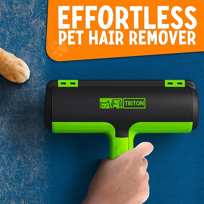 Triton Pet Hair Removal Tool w/Fur Trapping Compartment and Detachable Handle, 60% Smaller Storage Size, Reusable Shedding Roller, Cat and Dog Hair Remover for Car, Furniture, Carpet, Couch (Green)
