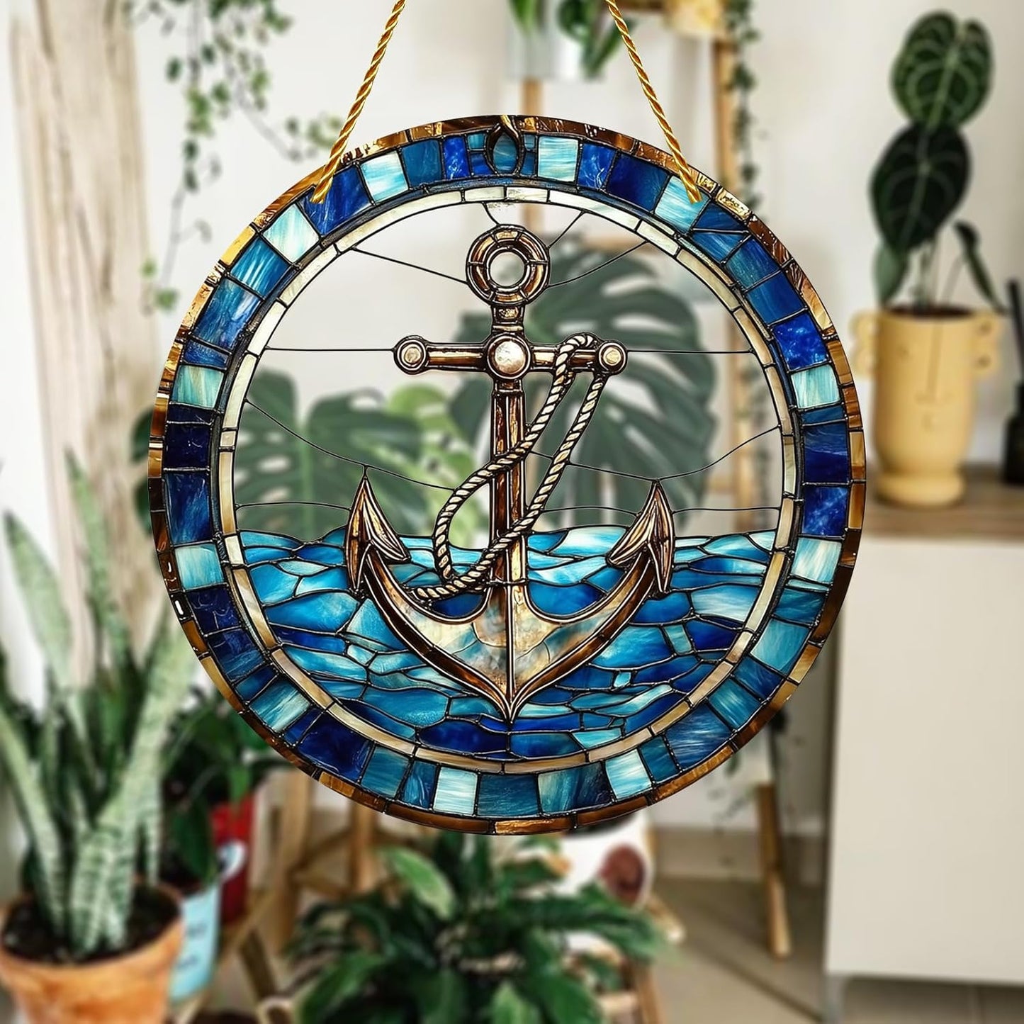 8x8 inch Charming Nautical Anchor Acrylic Stained Glass Window Hanging Sun Catcher Decor Stained Panel Hangings Wall Art Decor, for Friends and Family (Nautical)