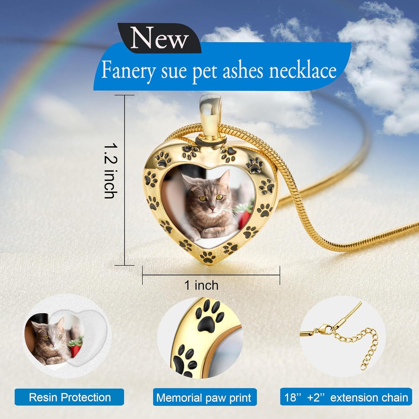 Fanery Sue Personalized Pet Ashes Necklace for Dog Cat Custom Photo&Text Pet Loss Sympathy Gift Cremation Jewelry