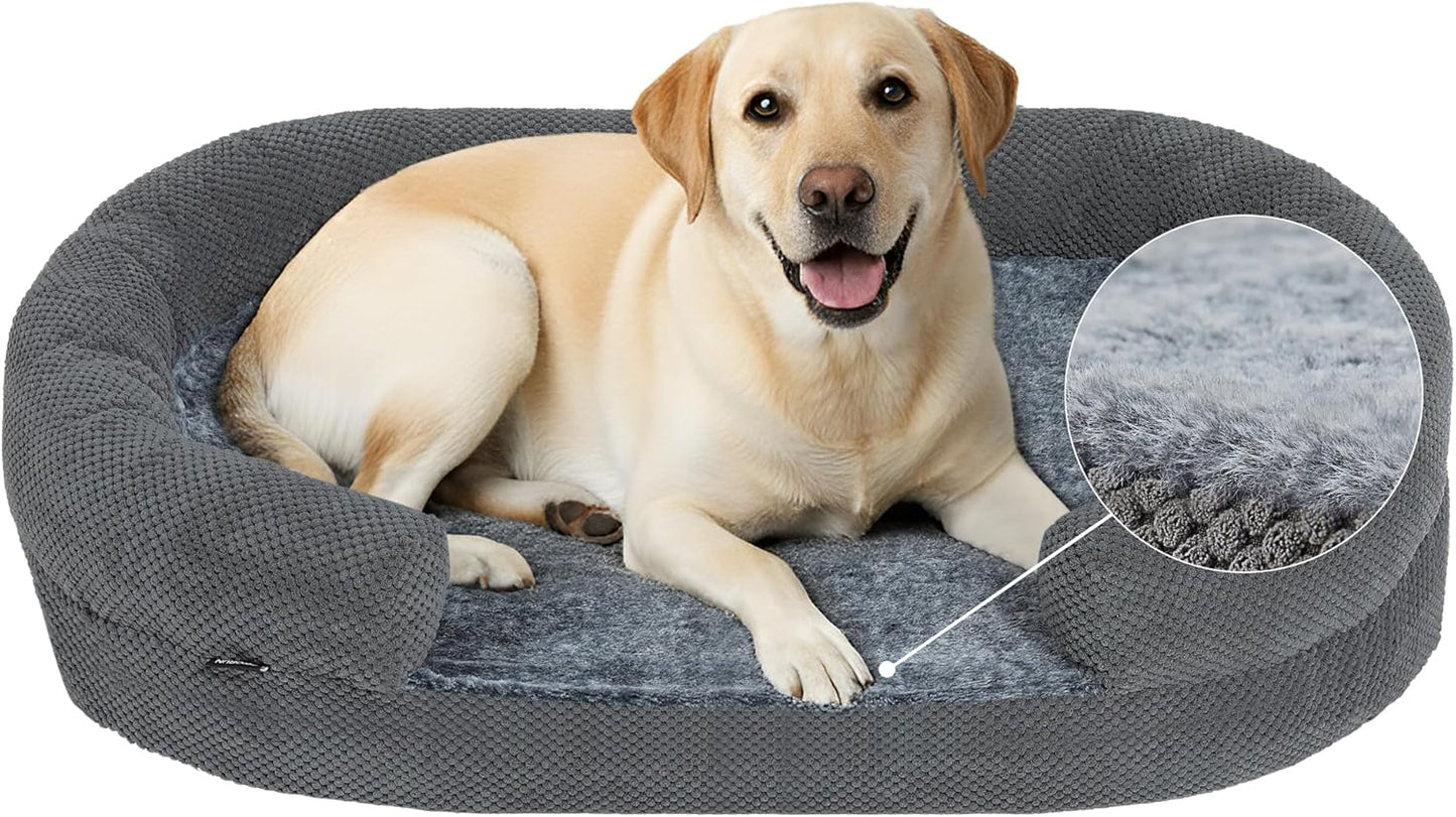 Orthopedic Dog Bed for Extra Large Dogs, Extra-Thick 3.6" Foam Fluffy Fur Sofa with Comfortable Sides, Soft and Big Dog Couch Bed with Washable Removable Cover and Non-Slip Oval Bottom, Grey