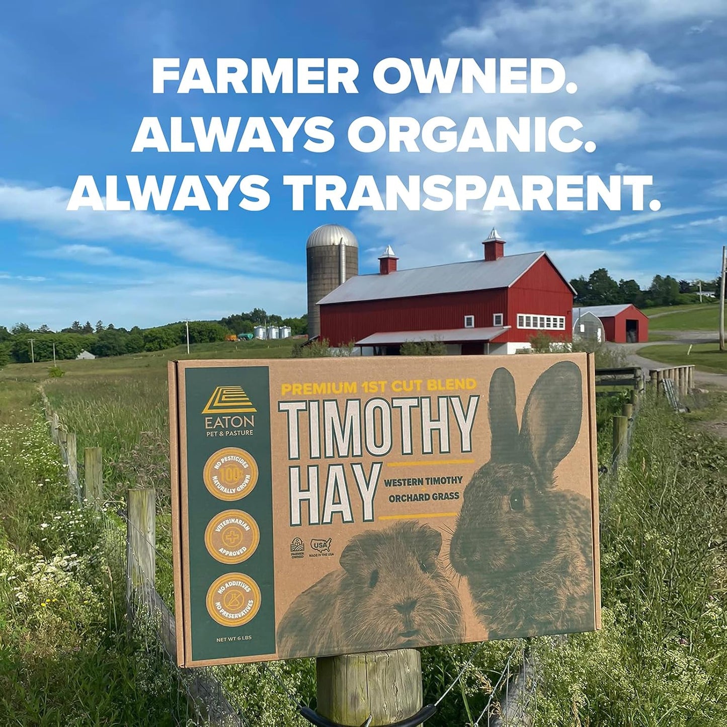 Eaton Pet and Pasture Naturally Grown, Premium, 1st Cut Blend, Western Timothy Hay Orchard Blend, Small Animal Food, Sustainable, Eco-Friendly, Farmer-Owned, 25LB-Box.