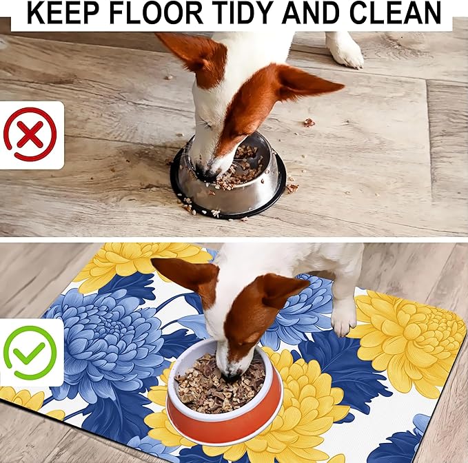 Blue Yellow Flowers Pet Cat Dog Food Mat-Absorbent Quick Dry Feeding Placemat for Water and Food, No Stains Rubber Base Mat for Indoor Use, Pet Accessories 12"x20"