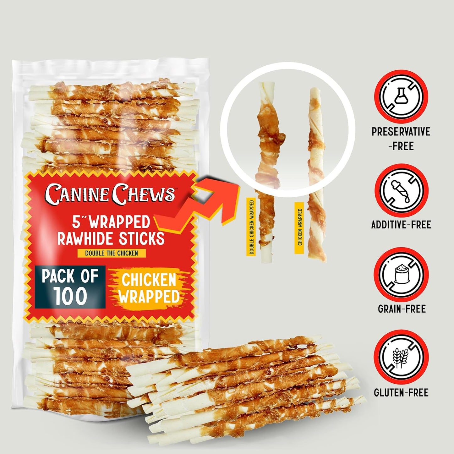 Canine Chews 5" Double Wrapped Chicken Dog Treats - 100 (Pack)