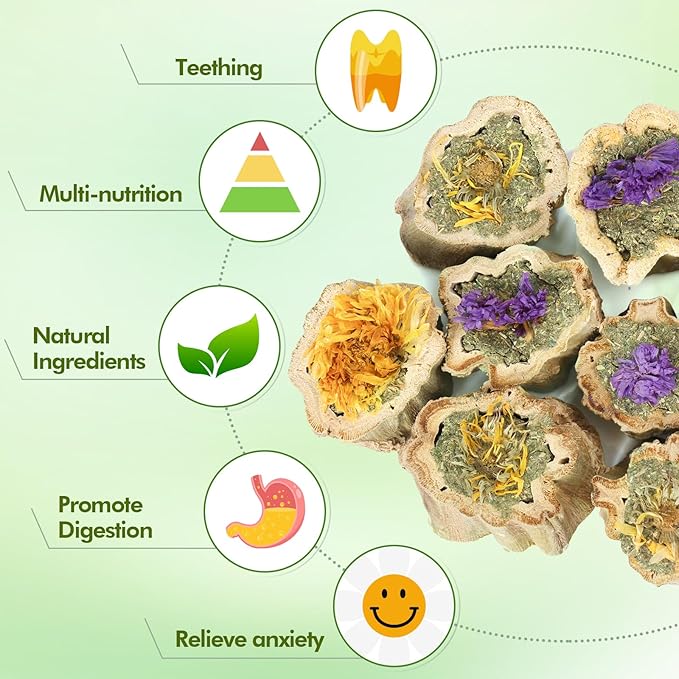 Abizoo Rabbits Chew Toys Organic Papaya Wood for Guinea Pigs Chinchillas Hamsters Small Animals Treats with Calendula Forget Me Nots and Alfalfa Hay Dental & Digestive Support No Additives 4.23oz/120g