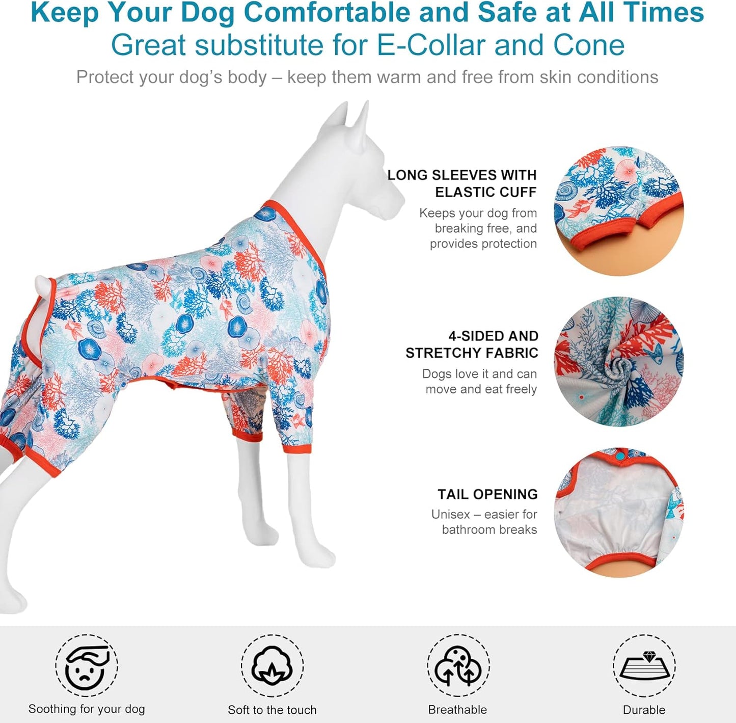 LovinPet Pajamas Outfit, Undershirt for Dog Coats, Lightweight Soft Fabric, Coral Trees and Shells Print, UV Protection Shirt, Easy to Wear Adorable Dog Clothes, Blue, XL