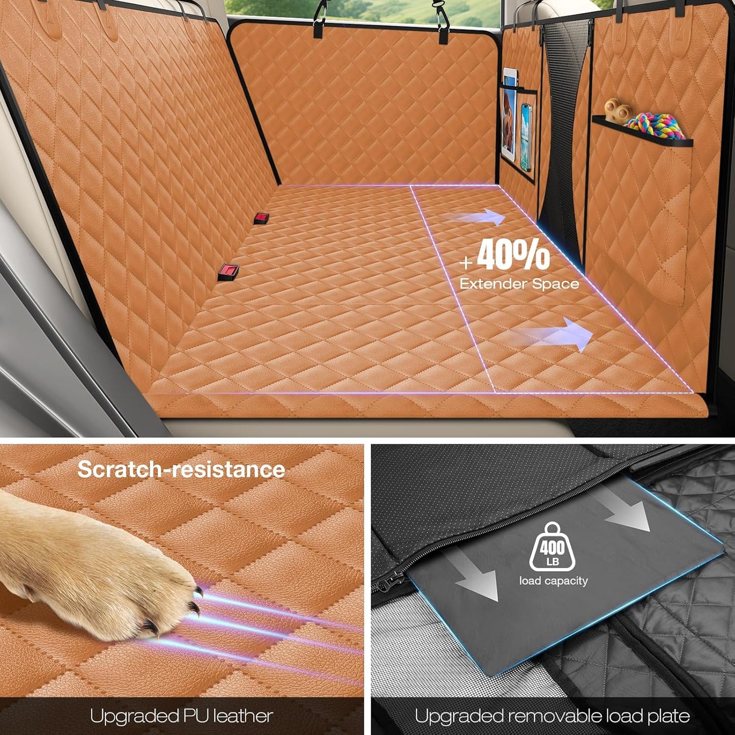 AsFrost PU Leather Dog Seat Cover for Back Seat Extender-Upgraded Hard Bottom Back Seat Pet Cover for Dogs, Anti-Scratch Nonslip Waterproof Dog Hammock Bed for Car Mid-Size SUV Small Truck-Orange