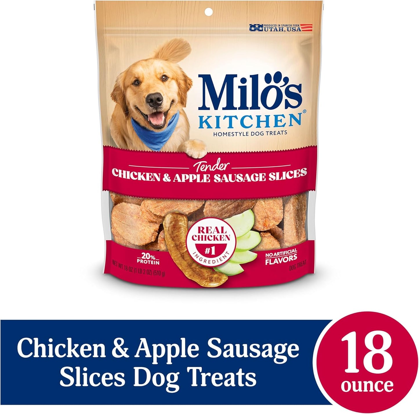 Milo's Kitchen Homestyle Dog Treats, Chicken & Apple Sausage Slices, 18 Ounce, High Protein, No Artificial Flavors
