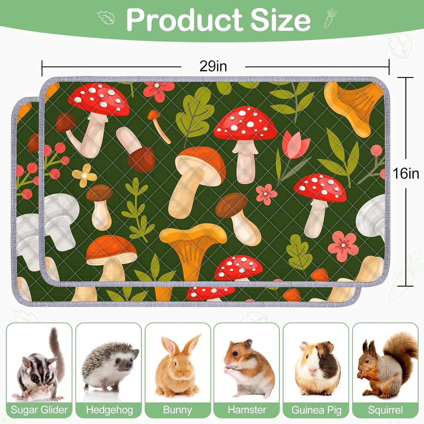 Bienbee Guinea Pig Bedding, 2 Pack 29" x 16" Reusable Guinea Pig Cage Liner Waterproof and Absorbent Small Animal Bedding Washable Guinea Pig Pee Pads for Small Pet Hamster Rabbit Squirrel, Mushroom
