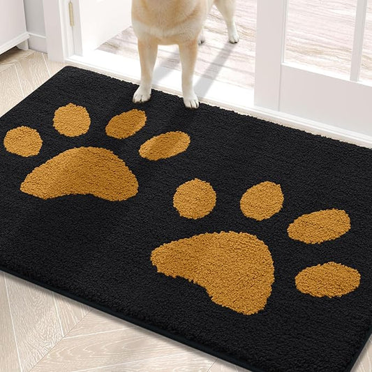 Buganda Dog Door Mat for Muddy Paws, Absorbent Dirt Trapper Washable Indoor Doormats, Non Slip Low-Profile Mud Mat for Dogs, Front Entrance Doormat for Inside Floor (30x20 Inches, Black and Yellow)